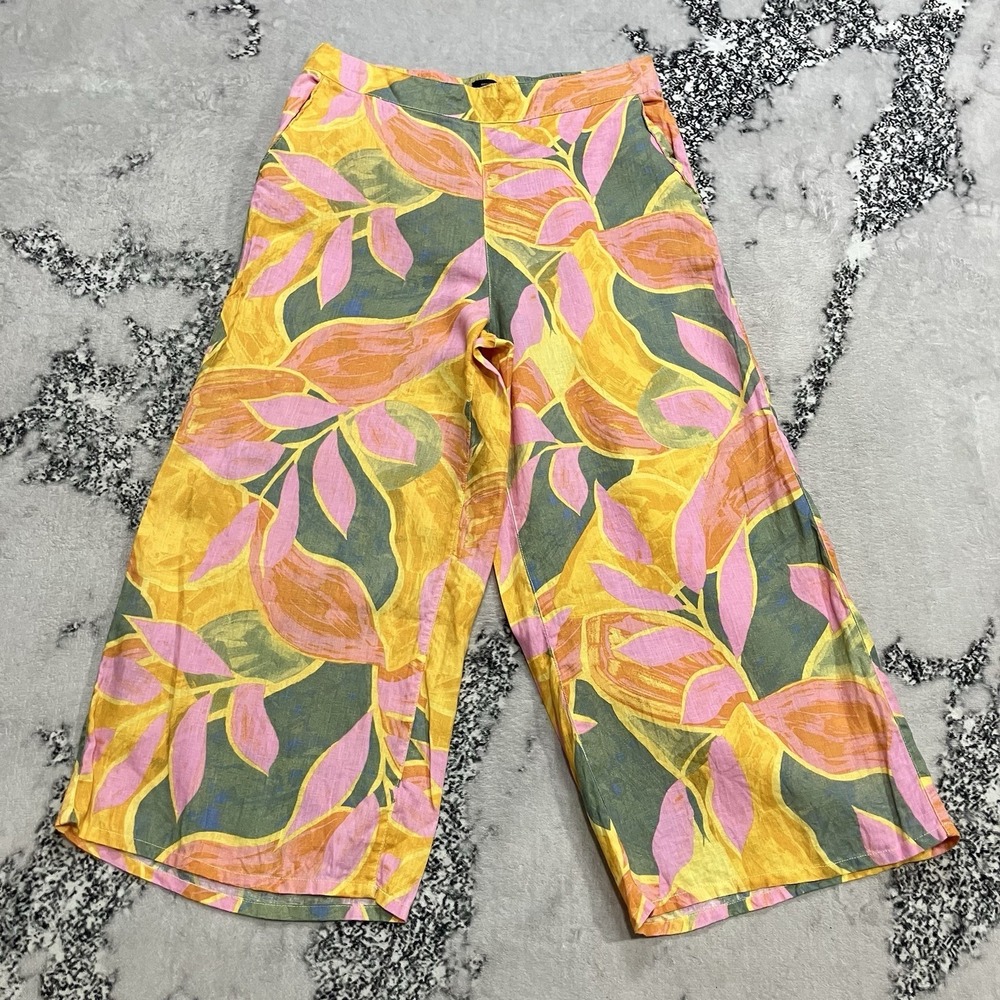 Tahari 100% Linen Wide Leg Pants Womens Size XL Yellow Pink Floral Pull On